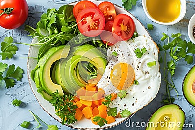 A colorful breakfast platter with fried eggs, fresh vegetables, and avocado slices Stock Photo