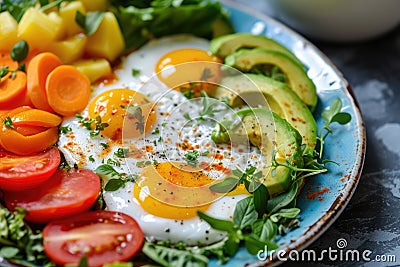 A colorful breakfast platter with fried eggs, fresh vegetables, and avocado slices Stock Photo