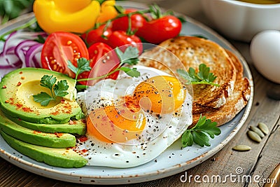 A colorful breakfast platter with fried eggs, fresh vegetables, and avocado slices Stock Photo