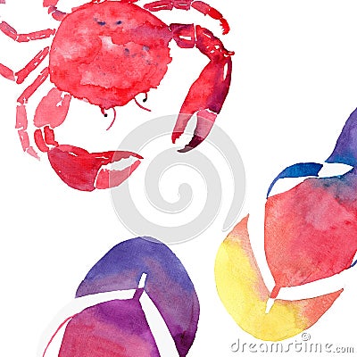 Colorful bright beautiful lovely summer sea tasty delicious pattern of red crab and beach colorful flip flops watercolor Cartoon Illustration