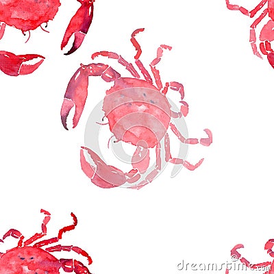 Colorful bright beautiful lovely summer sea tasty delicious pattern of red crabs watercolor hand illustration Cartoon Illustration