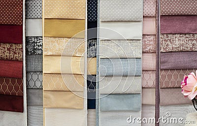 Colorful and bright curtains fabric pattern palette texture samples as abstract textile background. Handmade, clothes and Stock Photo