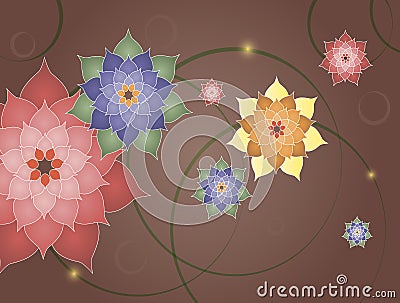 Colorful bright flowers on a delicate chocolate background. Vector Illustration