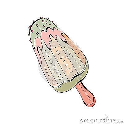 Colorful bright ice cream with cherry and mint. Vector objects on white background. Retro style. In isolation. Hand drawing Stock Photo