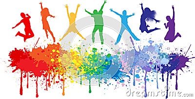 Colorful bright ink splashes and kids jumping Vector Illustration