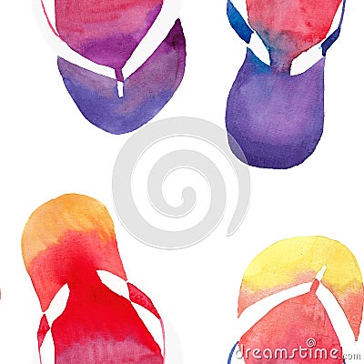 Colorful bright lovely comfort summer pattern of beach yellow orange pink red blue purple flip flops watercolor Cartoon Illustration