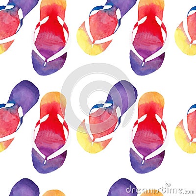 Colorful bright lovely comfort summer pattern of beach yellow orange pink red blue purple flip flops watercolor Cartoon Illustration