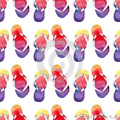 Colorful bright lovely comfort summer pattern of beach yellow orange pink red blue purple flip flops watercolor Cartoon Illustration