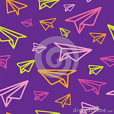 Colorful and Bright Origami Paper Planes Seamless Pattern on Purple Vector Illustration