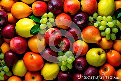 Colorful bright pattern of different fruits, citrus and berries. Apples, pears, mangoes, grapes and lemons as a beautiful juicy Stock Photo