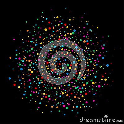 Colorful bright rainbow colors circle confetti rounds paper isolated on black background. Vector Illustration