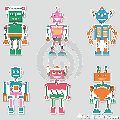 Colorful bright retro vector robots stickers collection Vector Illustration