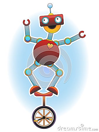 Colorful Bright Robot balancing on unicycle Vector Illustration