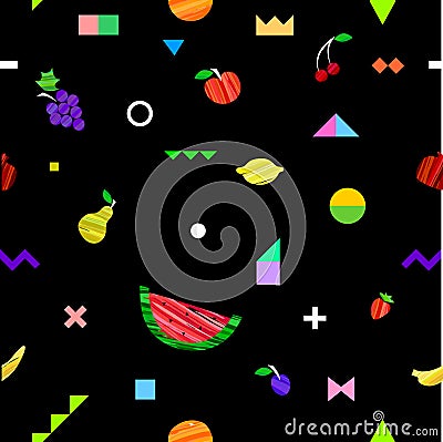 Colorful bright seamless pattern with different fruits and geometric elements in tribal Memphis style. Vector Illustration