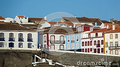 Colorful, bright view of houses in port, Angra do Heroismo Stock Photo