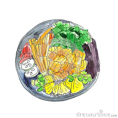 Colorful bright watercolor poke bowl with red salmon, caviar and other food pieces. Watercolor food illustration isolated on white Stock Photo