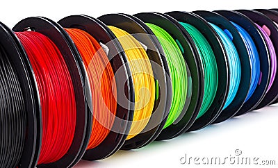 Colorful bright wide panorama row of spool 3d printer filament Stock Photo