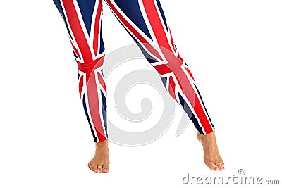 Colorful Brittish flag leggings worn by a female model Stock Photo