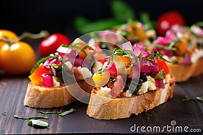 colorful bruschetta with pickled turnips and cable knit background Stock Photo