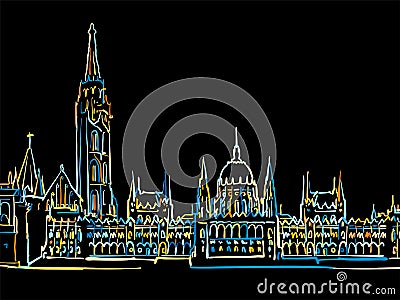 Colorful Budapest Hungary Drawing on black Vector Illustration