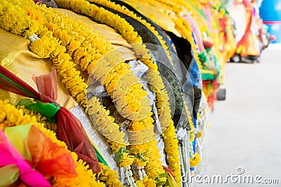 Colorful Buddhism garland on tree. Stock Photo