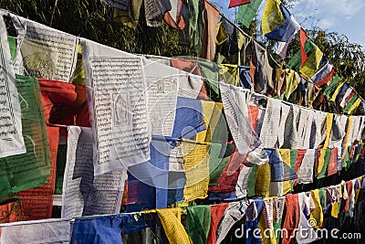 Colorful buddhism prayer flags on the Observatory hill in Darjeeling Stock Photo