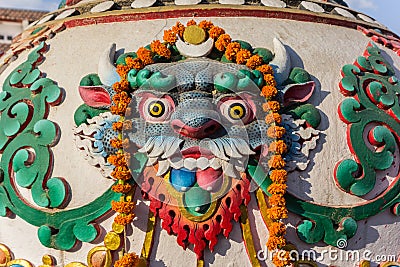 Colorful Buddhist sculpture at the Boudhanath stupa in Kathmandu Stock Photo