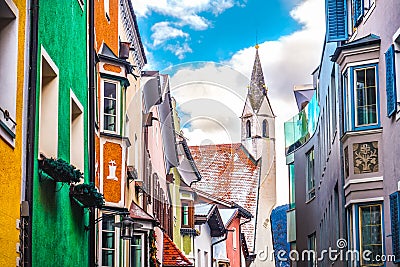 Colorful buildings church village of Vipiteno Sterzing - Bol Stock Photo