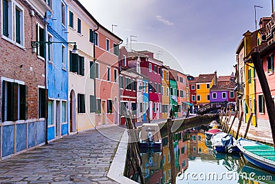 Colorful Bruano Buildings near the Canal Editorial Stock Photo