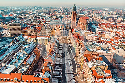 Colorful buildings in the Old Market Square Wroclaw - City Skyline Panoramic View Editorial Stock Photo