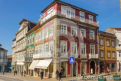 Colorful buildings in Toural Square. Guimaraes. Portugal Editorial Stock Photo