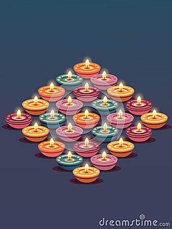 Colorful Burning Diyali (Oil Lamp) on Blue Background for Diwali Celebration or Decoration Stock Photo