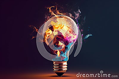 Colorful Burst: Explosive Splashes of Paint Surround a Creative Light Bulb on a Dark Background. created with Generative AI Stock Photo