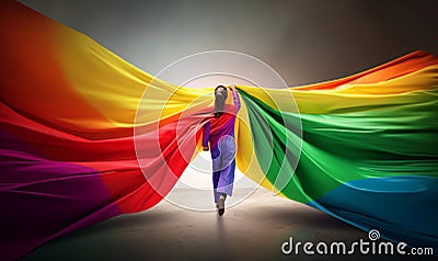 The Colorful Business Hero. A confident superhero wearing a vibrant rainbow cape makes a powerful impact in the business world Stock Photo