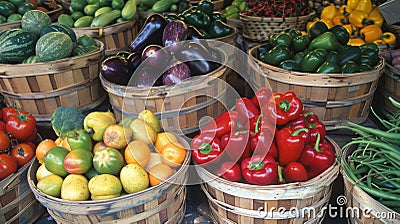 A colorful bustling farmers market filled with baskets of various fruits and vegetables fresh from the fields. . Stock Photo