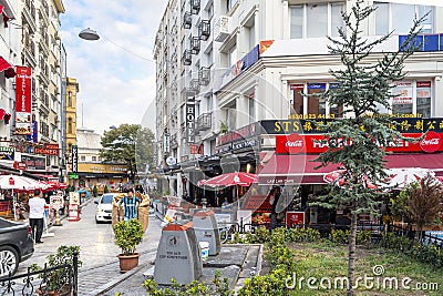 Colorful busy street of cafes and shops in Istanbul Turkey Editorial Stock Photo