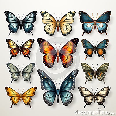 Colorful Butterflies Illustration: Realistic Portrayal Of Light And Shadow Stock Photo