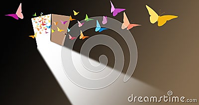 Colorful butterflies through open door graphic background Cartoon Illustration