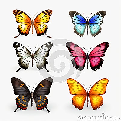 Colorful Butterflies: Realistic Portrayal Of Light And Shadow Cartoon Illustration