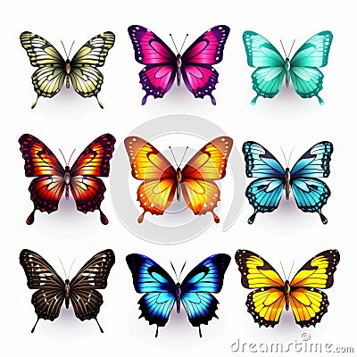 Vibrant Hyper-realistic Butterfly Illustrations On Transparent Background Cartoon Illustration