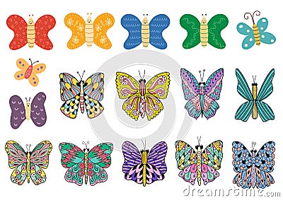 Colorful butterfly set. Funny insects isolated elements. Butterflies collection Vector Illustration