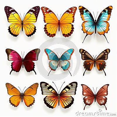 Colorful Butterfly Set Realistic Portrayal Of Light And Shadow Cartoon Illustration