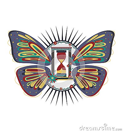 Colorful butterfly wings with hourglass and sunburst, traditional folk art style. Mystical time concept and nature Vector Illustration