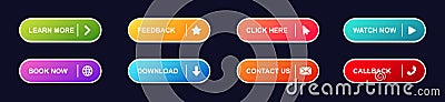 Colorful buttons with different actions including icons for online platforms and websites Vector Illustration