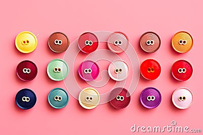 Colorful buttons on pink background. Flat lay, top view, Colorful thread spools and buttons on pink background, AI Generated Stock Photo