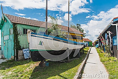 Colorful cabins on the port of the ChÃ¢teau d`OlÃ©ron Editorial Stock Photo