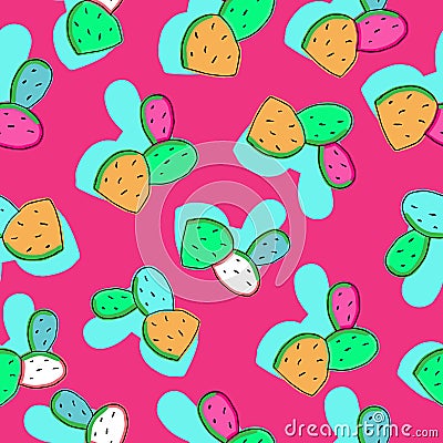 Colorful Cactus Punchy Pastel Colors on Punchy Pink Background.Seamless Repeat Pattern Stock Photo