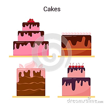 Colorful cakes set. Different pastry for holidays. Sweet delicious cream Vector Illustration