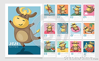 Colorful calendar for kids for 2021 Year of the Ox. 12 monthly pages. Vector Illustration