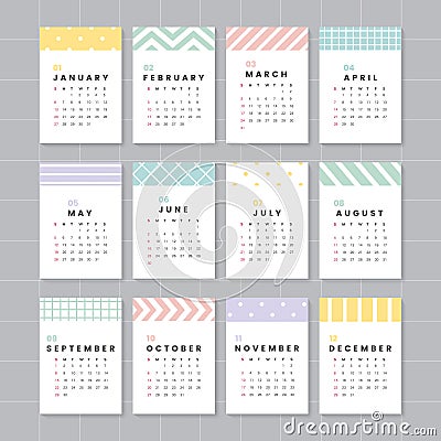 Pastel patterned calendar 2019 vector set Vector Illustration